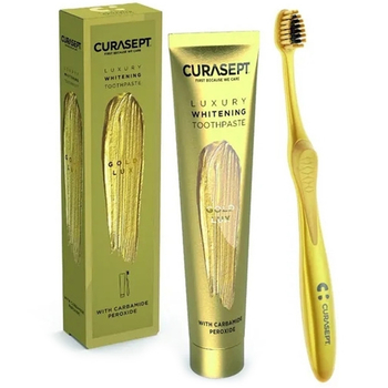 Zestaw wybielająca pasta CURASEPT Gold 75 ml i szczoteczka + kosmetyczka