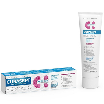 Pasta dla dzieci Curasept Biosmalto Kid Truskawka bez fluoru 50 ml
