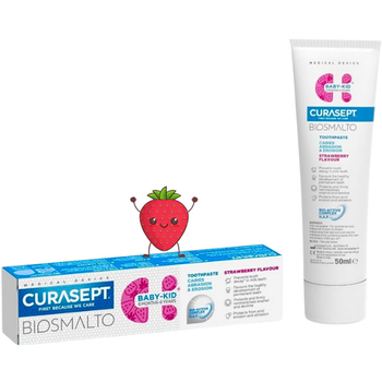 Pasta dla dzieci Curasept Biosmalto Kid Truskawka bez fluoru 50 ml